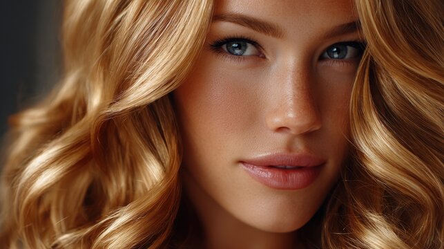 Close-up of a woman's face with lush blonde wavy hair and blue eyes, highlighting beauty and elegance in a studio setting.
