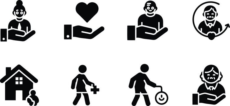 Elderly care and support icons featuring senior health, assisted living, and compassionate care symbols