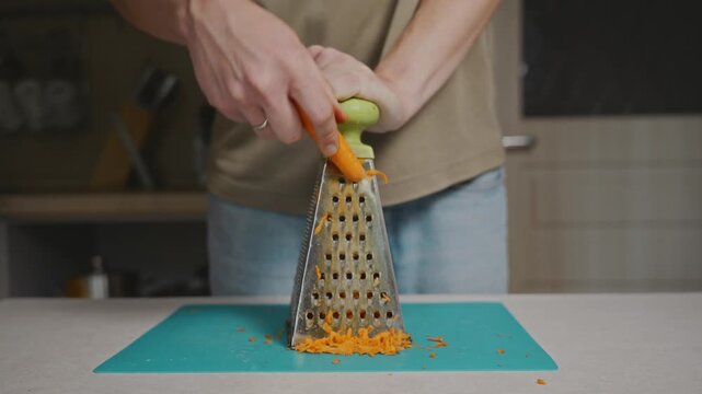 Medium shot of a man grating a fresh carrot on a box grater at a kitchen table. Everyday home cooking, vegetable preparation and simple domestic routine without showing face. High quality 4k footage