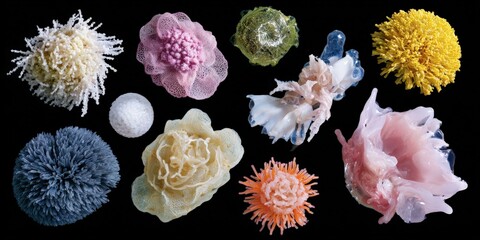 Macro of embroidered floral motifs with metallic beads on dark fabric