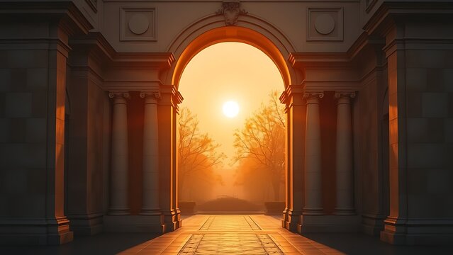 neoclassical. Majestic neoclassical archway glowing in golden sunset hues with a soft diffused light. inspiring travel planning.