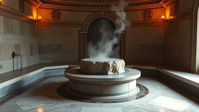 unanimity. Traditional Turkish bath interior with marble floor and central heated stone emitting steam. real-estate listings.