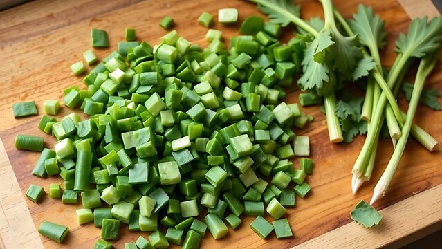 lovage. Freshly chopped lovage leaves on a rustic wooden cutting board, bright green color and texture. menu design, packaging mockups, designed for culinary blogs and recipe cards for restaurants.