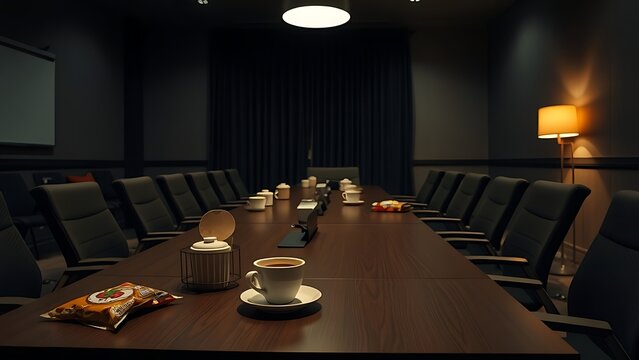 homily. Late night meeting room with empty snack packages and warm lamp. pitch deck slides, case study pages, designed for enterprise HRIS and productivity software interfaces, elevates branding.