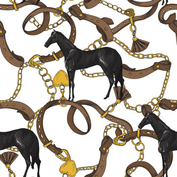 Seamless pattern with horses and belts. Vector.