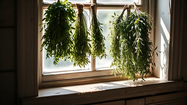 lovage. Rustic kitchen windowsill with bundles of drying lovage herbs on a wooden surface in soft afternoon light. menu design.