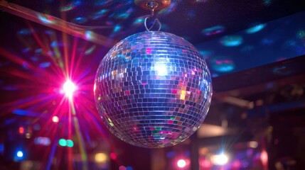 Fototapeta premium Shimmering disco ball in a vibrant party atmosphere with colorful lights.
