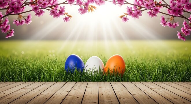 Easter eggs in green grass with blossoming cherry branches and sun rays