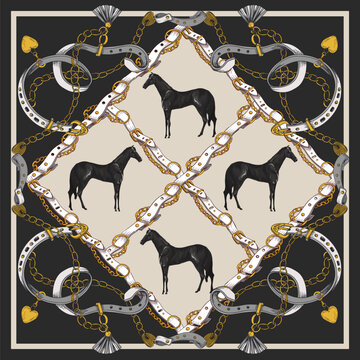 Design scarf with belts and horses. Vector.