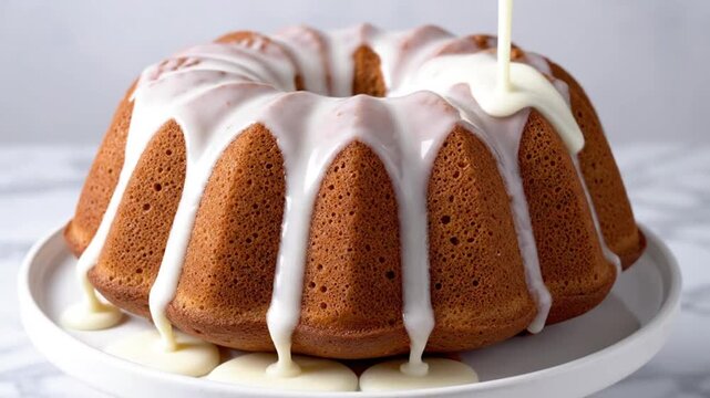 Homemade bundt cake with white sugar glaze, delicious golden pound cake on marble, sweet vanilla icing dripping on cake