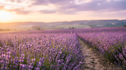 Fototapeta premium Beautiful lavender field rows at sunset