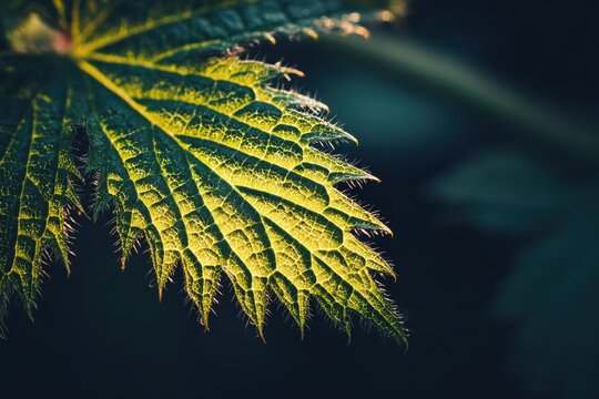Macro of a nettle leaf with stinging hairs backlit, danger and nature defense concept