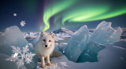 Naklejka premium Arctic fox with white fur sits on snow near ice blocks, under northern lights and starry sky, representing arctic wildlife, nature and winter landscapes