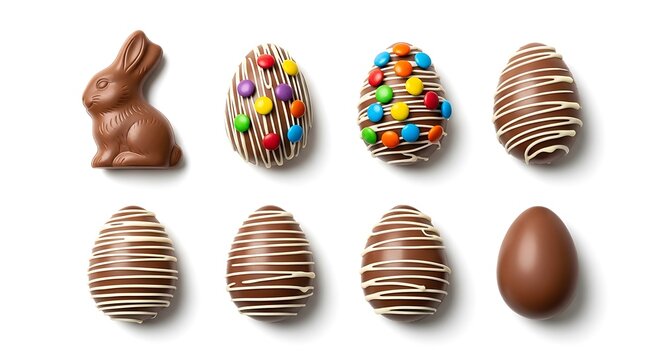 Assorted chocolate easter eggs and bunny for holiday celebration design