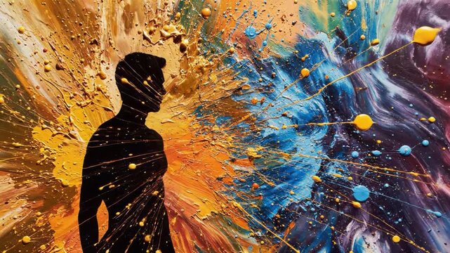 Silhouette of a man against abstract expressionist paint splatter art