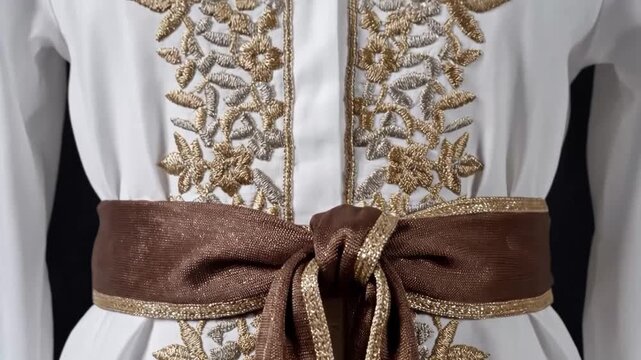 White tunic with intricate gold and silver embroidery and brown sash
