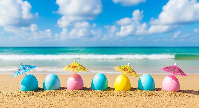 Colorful easter eggs on the beach with umbrellas and ocean view, vibrant spring scene.