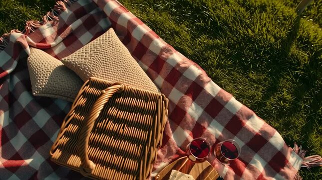 Aerial view of picnic set with red wine bottle two glasses wicker basket and pillows on checkered blanket in green grass at sunset