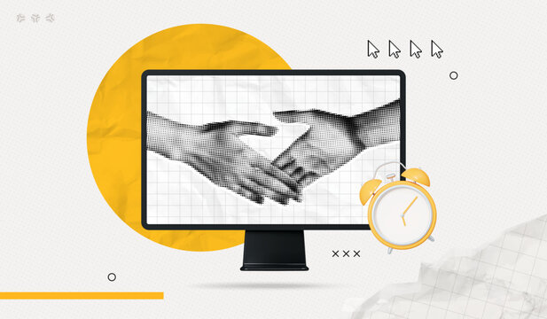 Trendy Halftone Business Collage. Get good deal and partnership concept. Computer monitor with handshakes and alarm clock. Time to startup. Career training. Contemporary vector illustration art