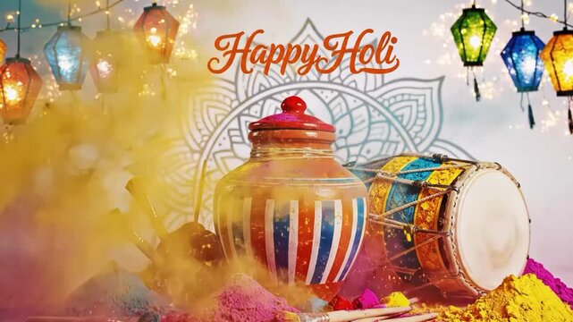Holi festival celebration with colorful powders, lanterns, and drum