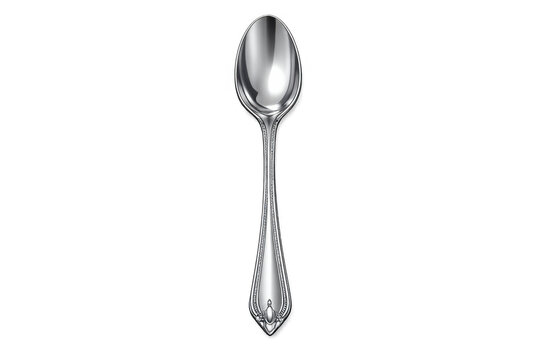 Silver dessert spoon with ornate handle, reflecting light, featuring a transparent background, kitchen utensil element