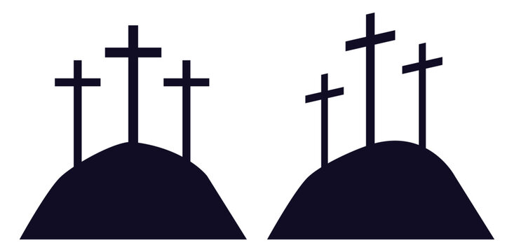Three crosses of Mount Golgotha. Symbol of Christian religion. Jesus crucifix. Christian memorial. Death and resurrection. Holy crucifixion. Vector silhouette black spiritual icons set