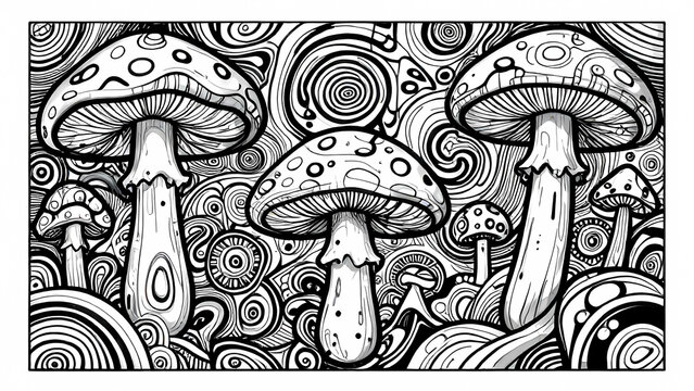  Psychedelic mushroom pattern black and white line art, trippy doodle background illustration
