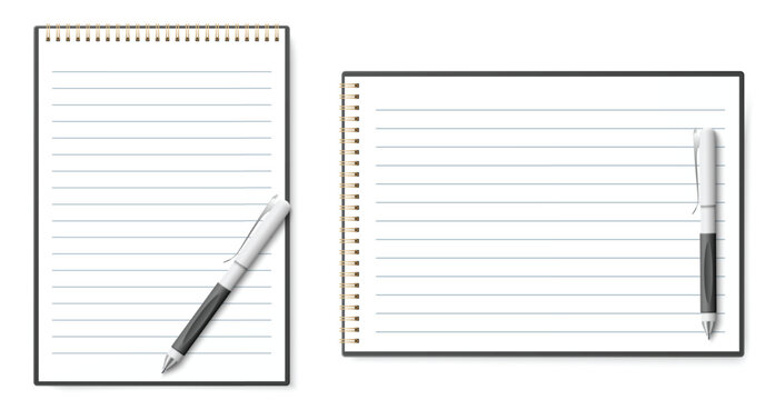 Realistic lined notebook with gold metal ring binding and ballpoint pen. School stationery. Office supplies. Blank pages for writing. Notepad sheet. Organizer notepaper. Vector objects set