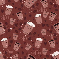 Paper cups with coffee seamless pattern. Cappuccino against background of Arabica beans Happy espresso cartoon character face. Repeated print. Barista drink. Cafe beverage. Vector backdrop