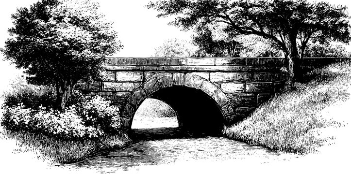 Vintage architectural arch in layered masonry structure with botanical surroundings