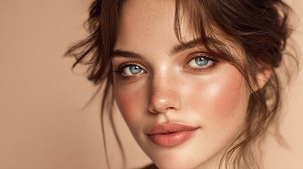 Young caucasian female with freckles and blue eyes posing against soft background.