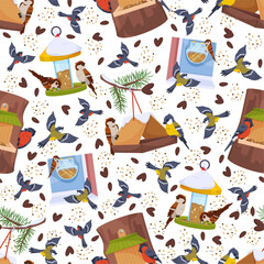Winter bird feeders seamless pattern. Animals shelters with food. Tits and bullfinches peck at grain. Sparrows fly. Repeated print. Feeding seeds. Park birdwatching. Vector background © VectorBum
