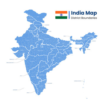 Detailed vector map of India showcasing comprehensive district and state boundaries with labeled administrative regions