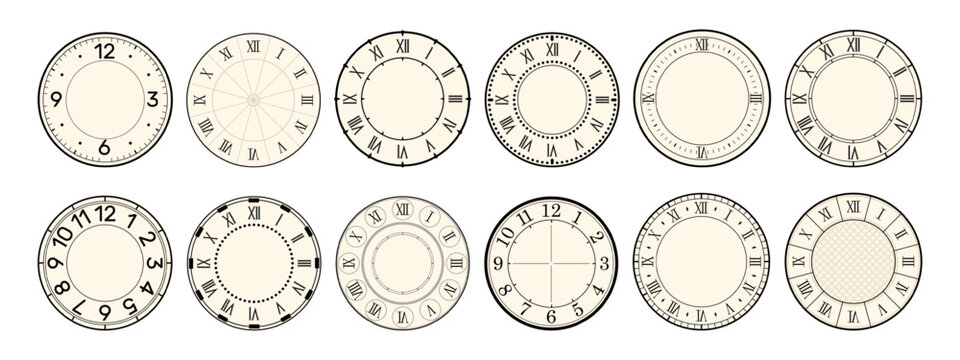 Watch faces without hands in various styles. Timer with Roman numerals. Mechanical chronometer. Retro timepiece. Accuracy clockwork. Hours countdown. Vector set of clock dials for design