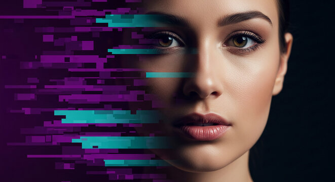 Close-up of woman's face with pixelated purple and teal effect on one side, representing technology, data, and modern digital transformation
