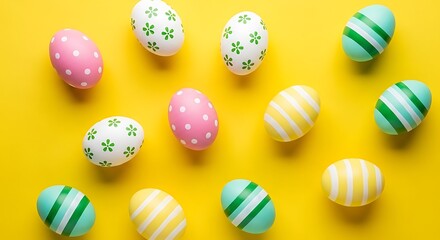 Fototapeta premium Colorful easter eggs on yellow background. easter holiday concept.
