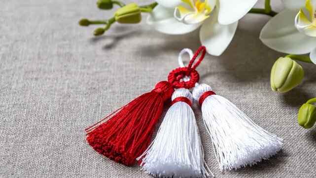 Red and white martenitsa tassels with white orchid flowers