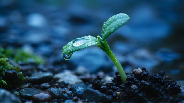 Sprout emerges from moist soil. Tiny seedling shows fresh leaf and droplet. Seed germination signals early plant growth. Water droplet hangs on leaf. Morning dew highlights fresh leaf and seedling.