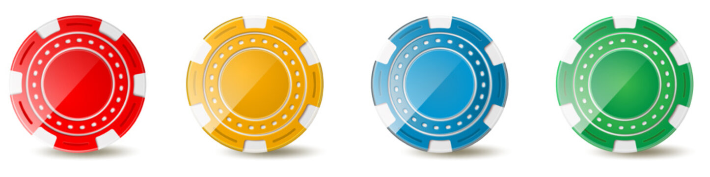 Realistic multicolored casino chips on white background. Tokens for gambling. Winning plastic circles front view. Gamble coin. Roulette wager. Vector isolated gaming objects mockup set
