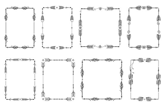 Dark arrow frames. Decorative square borders in Boho style. Doodle Indian archery drawings. Ornate feather. Bowman weapon. Outline arrowhead. Hunters bow. Tribal native design elements set