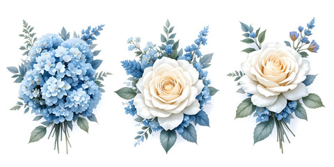 Watercolor Blue Hydrangeas And White Roses Floral Set Concept for Delicate Floral Set For Wedding Stationery And Fashion Prints
