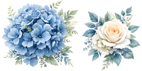 Watercolor Blue Hydrangeas And White Roses Floral Set Concept for Elegant Botanical Illustration For Invitations, Greeting Cards, And Branding