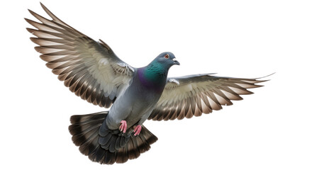 Naklejka premium Rock Pigeon Flying with Spread Wings Isolated on White Background – Urban Bird in Mid Air