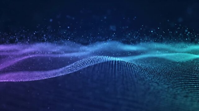 Abstract Digital Wave: A mesmerizing display of digital waves, composed of countless particles, ripple and flow across a dark blue gradient backdrop. Evoking the energy and dynamism of a futuristic.