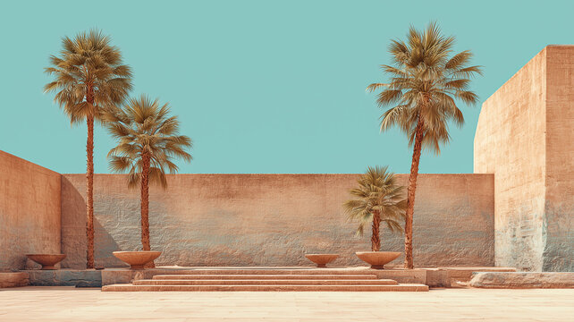 Flat wall with palm trees against blue sky. Ancient Babylon, Ancient Mesopotamia, Ancient Persia, Ancient Egypt concept poster. Creative background.