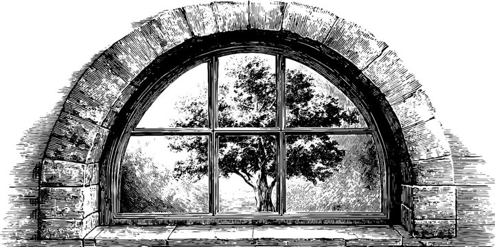 Vintage architectural window arch with botanical detail sketch