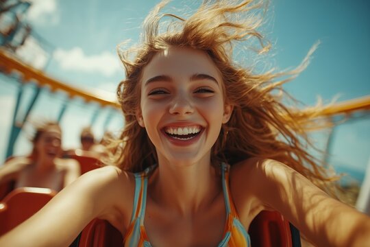 happy girl enjoying roller coaster ride