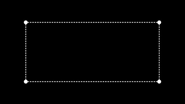 Cursor opens and closes white rectangle dashed line frame border animation on black background. 4K animated dashed line frame border for text box placeholder, title overlay, and motion graphics.