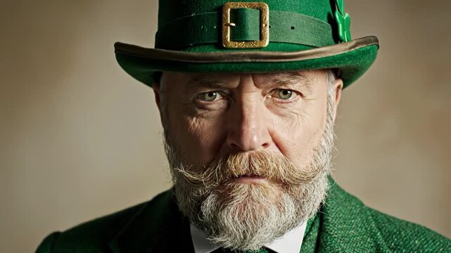 Serious older man with a full beard wearing a green top hat and suit