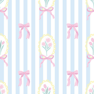 Pastel bow flowers vector seamless pattern with floral frames on gingham background
